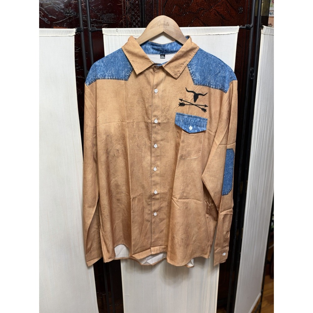 Mens 2XL Western Cowboy Shirt Longhorn Skull Arrows Tan Blue Denim Look Rodeo